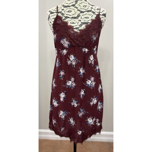 American Eagle Womens Small Floral Slip Dress Lace V Neck Burgundy‎ Y2K